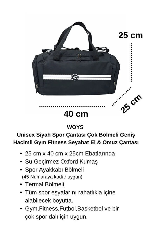 Unisex Siyah Bölmeli Sporcu Çantası